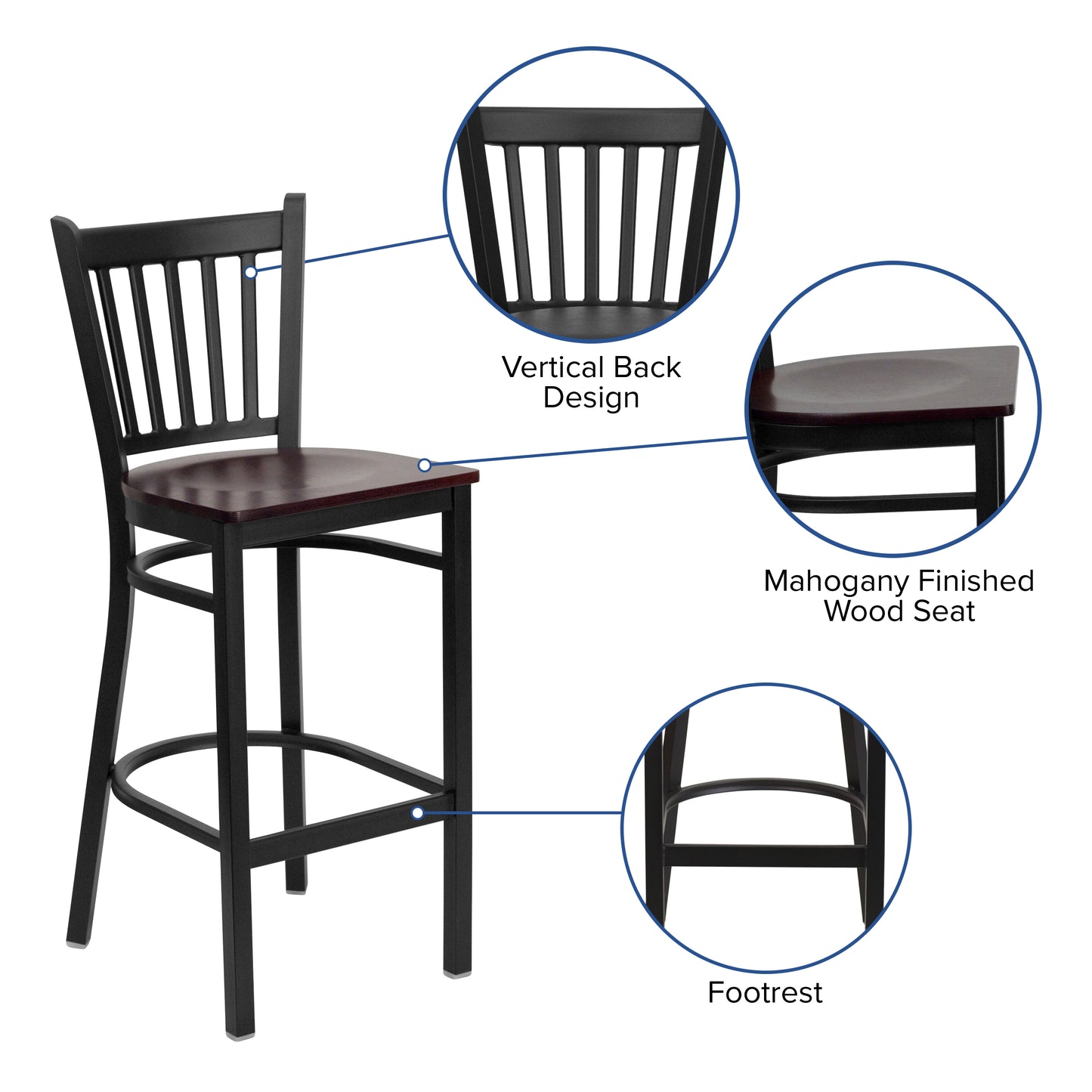 HERCULES Series Black Vertical Back Metal Restaurant Barstool - Mahogany Wood Seat Mahogany Wood Seat/Black Metal Frame