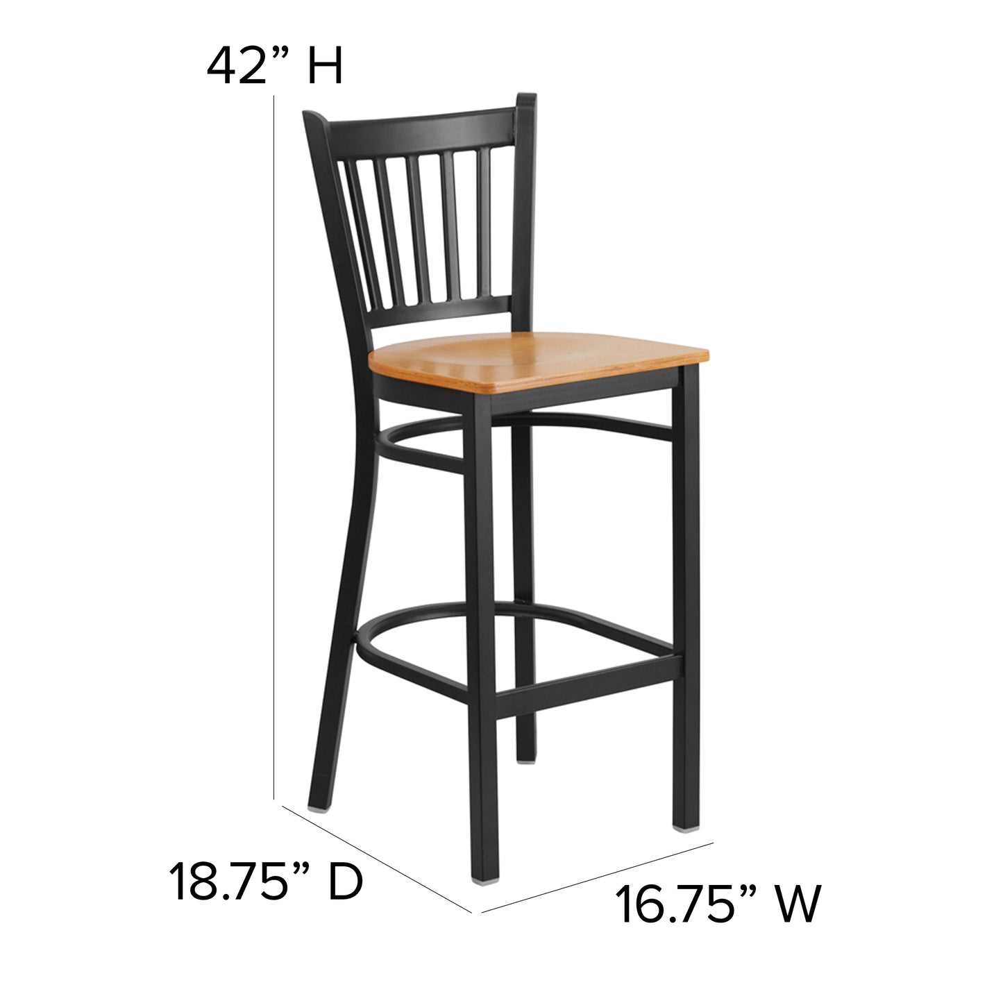 HERCULES Series Black Vertical Back Metal Restaurant Barstool - Natural Wood Seat Natural Wood Seat/Black Metal Frame XU-DG-6R6B-VRT-BAR-NATW-GG