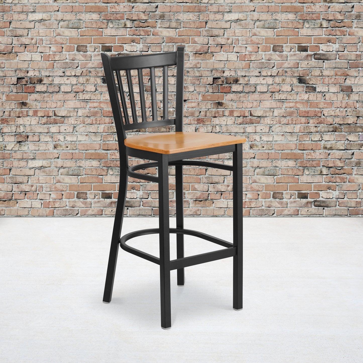 HERCULES Series Black Vertical Back Metal Restaurant Barstool - Natural Wood Seat Natural Wood Seat/Black Metal Frame XU-DG-6R6B-VRT-BAR-NATW-GG