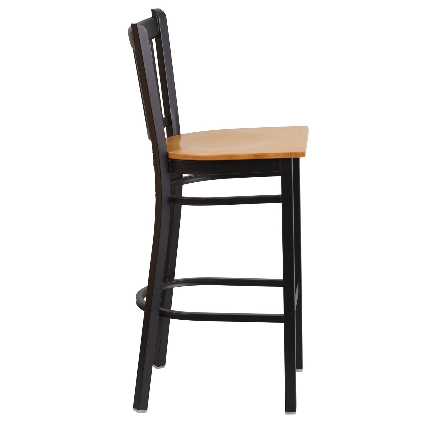 HERCULES Series Black Vertical Back Metal Restaurant Barstool - Natural Wood Seat Natural Wood Seat/Black Metal Frame XU-DG-6R6B-VRT-BAR-NATW-GG