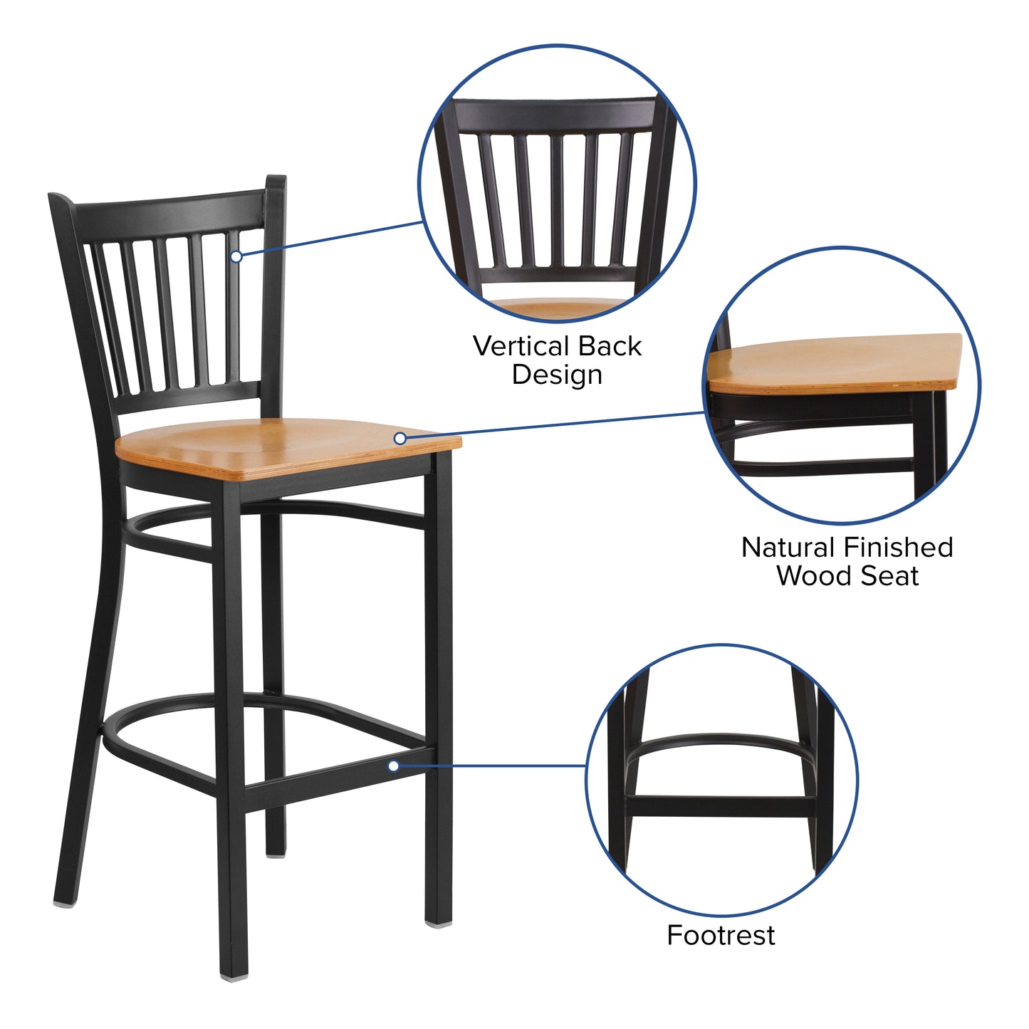 HERCULES Series Black Vertical Back Metal Restaurant Barstool - Natural Wood Seat Natural Wood Seat/Black Metal Frame XU-DG-6R6B-VRT-BAR-NATW-GG