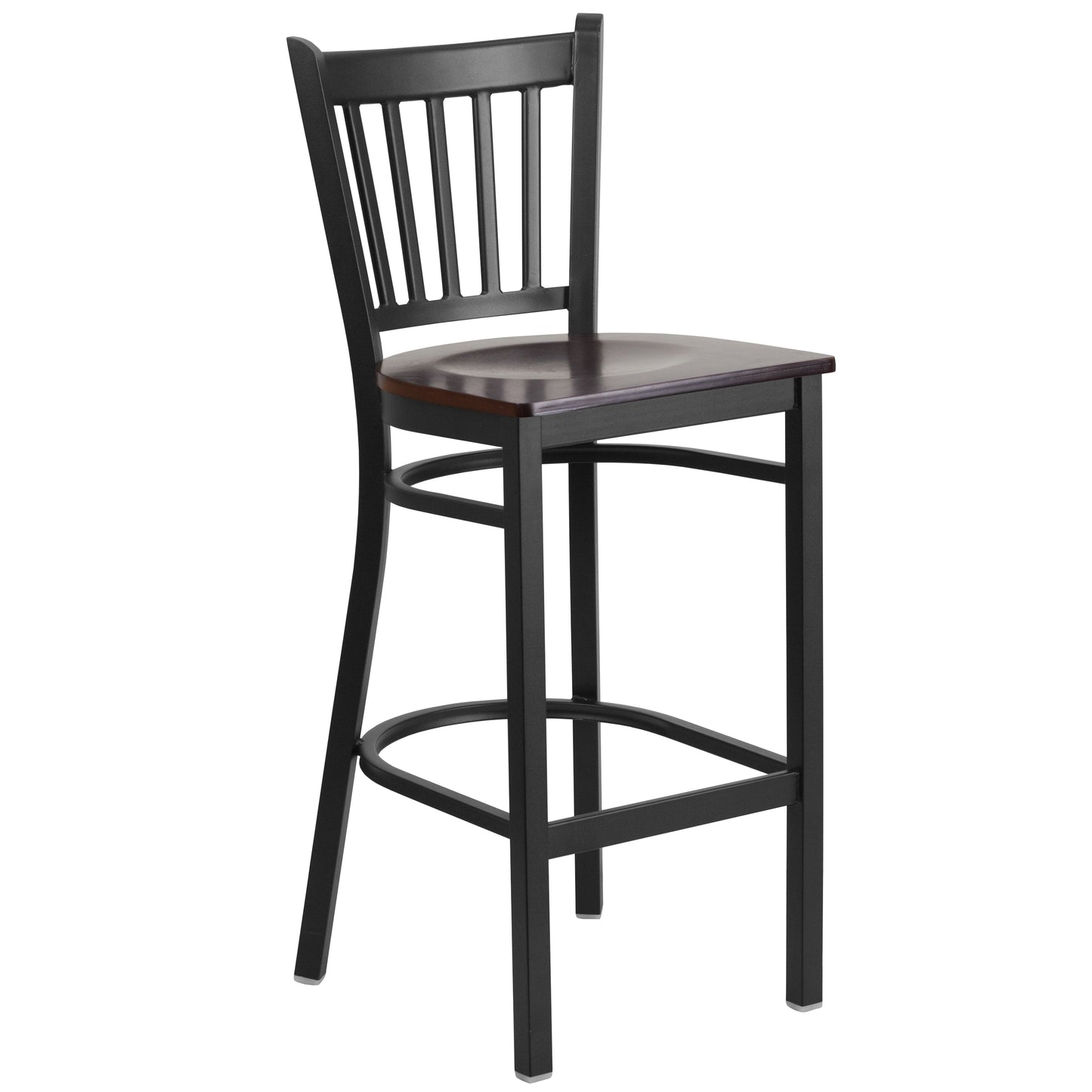 HERCULES Series Black Vertical Back Metal Restaurant Barstool - Walnut Wood Seat Walnut Wood Seat/Black Metal Frame