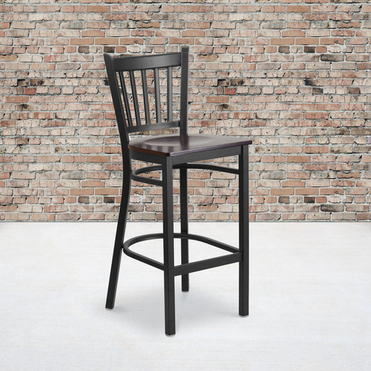 HERCULES Series Black Vertical Back Metal Restaurant Barstool - Walnut Wood Seat Walnut Wood Seat/Black Metal Frame