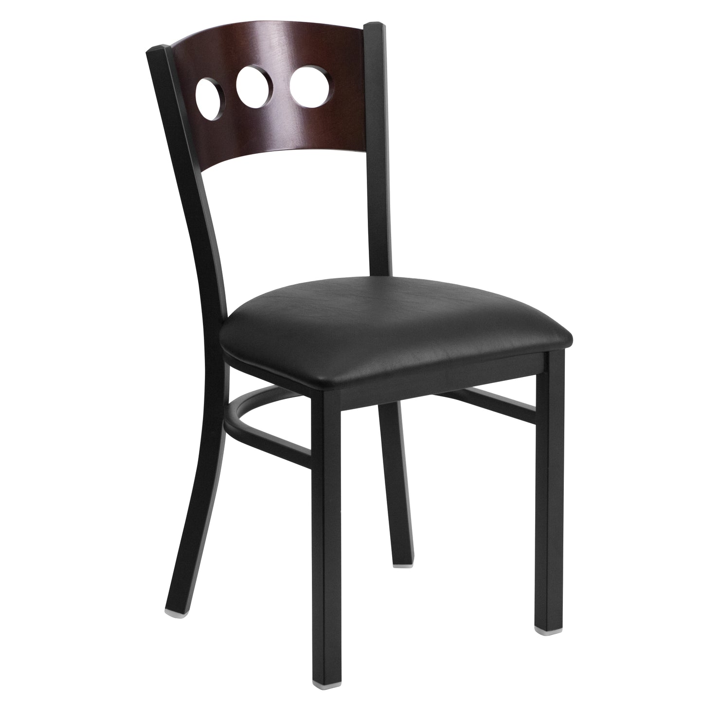HERCULES Series Black 3 Circle Back Metal Restaurant Chair - Walnut Wood Back, Black Vinyl Seat Walnut Wood Back/Black Vinyl Seat/Black Metal Frame XU-DG-6Y2B-WAL-BLKV-GG