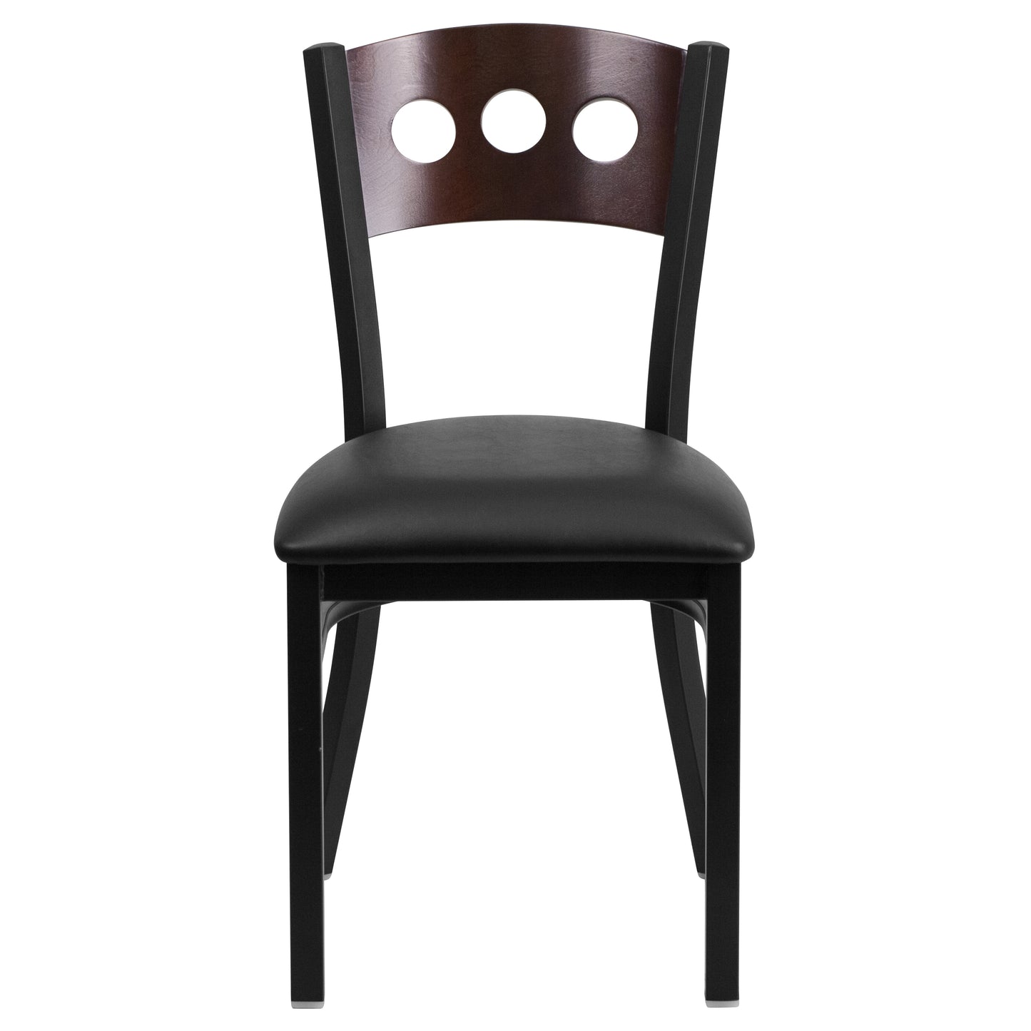 HERCULES Series Black 3 Circle Back Metal Restaurant Chair - Walnut Wood Back, Black Vinyl Seat Walnut Wood Back/Black Vinyl Seat/Black Metal Frame XU-DG-6Y2B-WAL-BLKV-GG