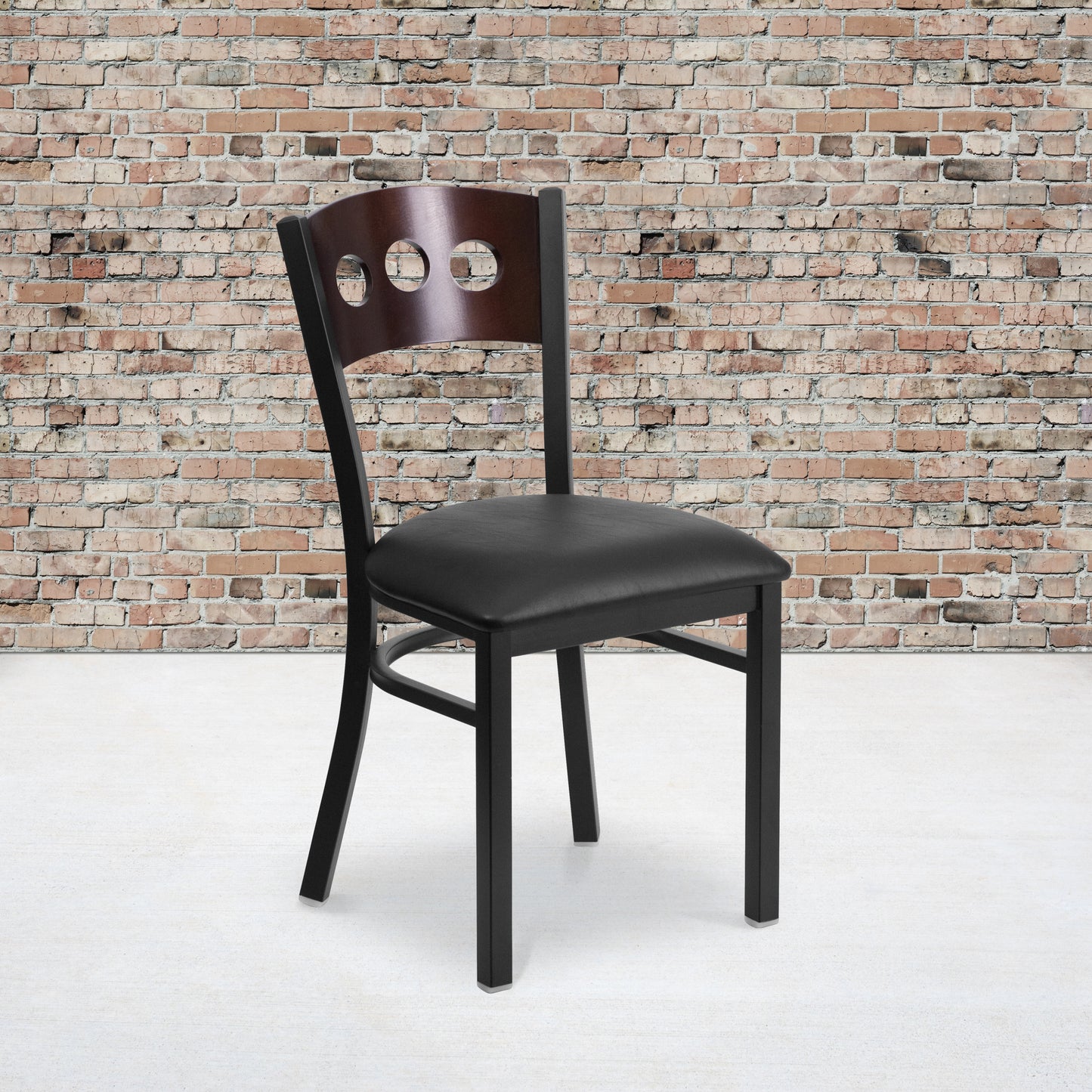 HERCULES Series Black 3 Circle Back Metal Restaurant Chair - Walnut Wood Back, Black Vinyl Seat Walnut Wood Back/Black Vinyl Seat/Black Metal Frame XU-DG-6Y2B-WAL-BLKV-GG