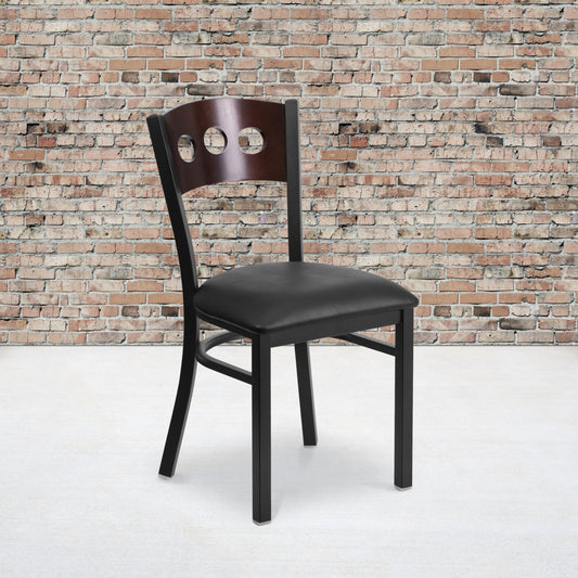 HERCULES Series Black 3 Circle Back Metal Restaurant Chair - Walnut Wood Back, Black Vinyl Seat Walnut Wood Back/Black Vinyl Seat/Black Metal Frame