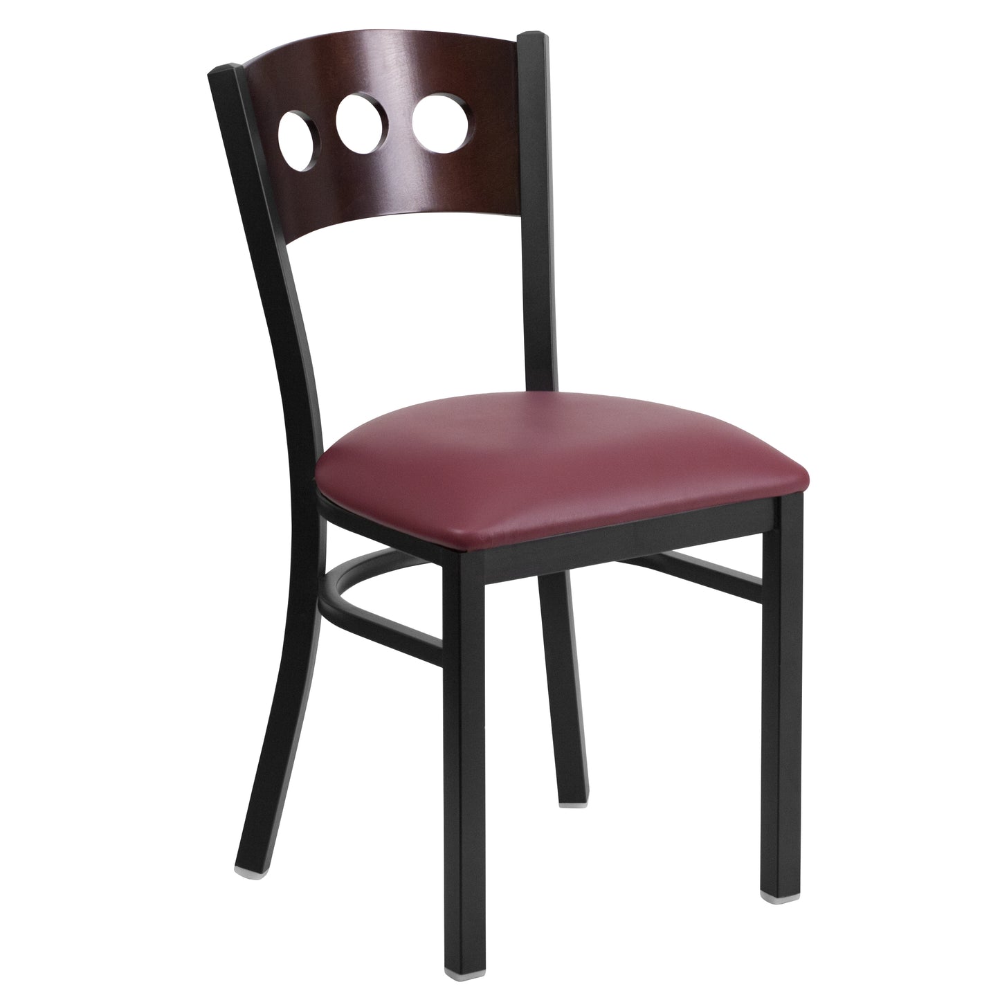 HERCULES Series Black 3 Circle Back Metal Restaurant Chair - Walnut Wood Back, Burgundy Vinyl Seat Walnut Wood Back/Burgundy Vinyl Seat/Black Metal Frame