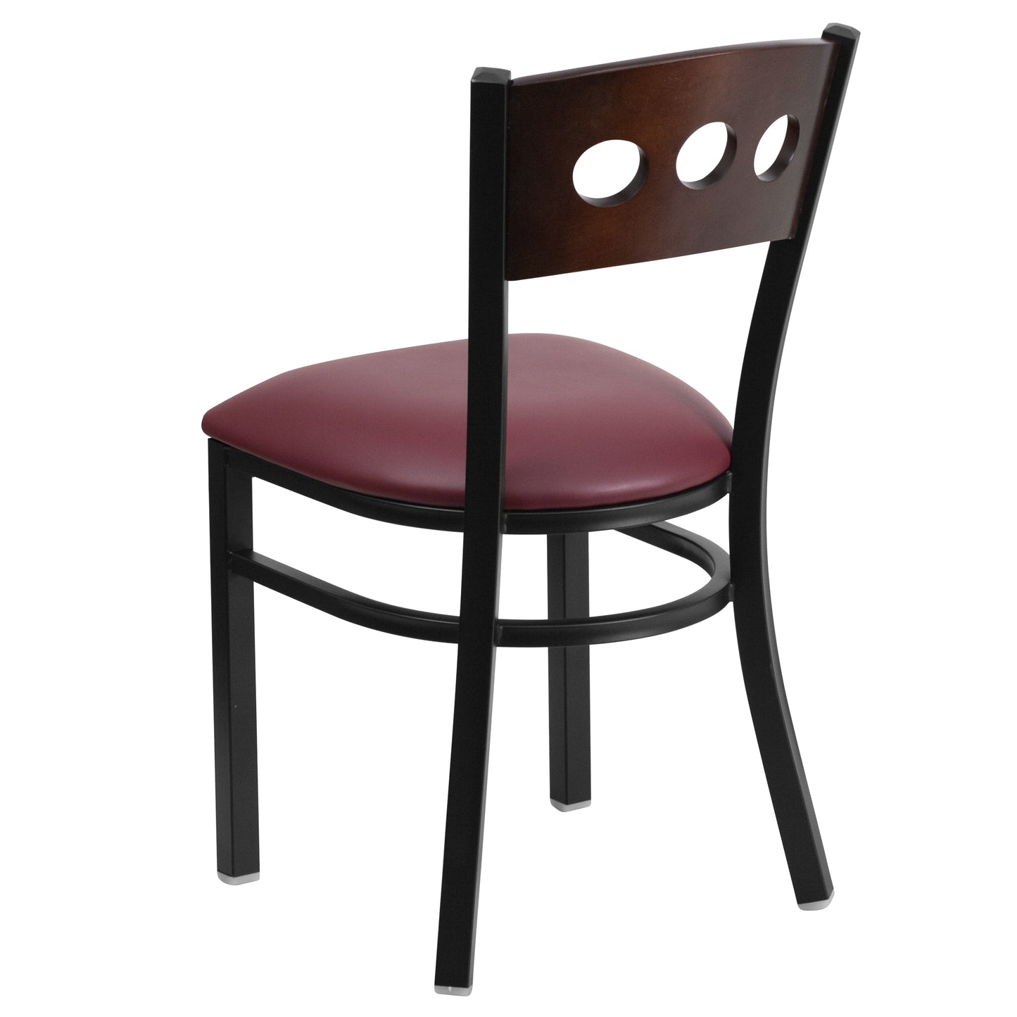 HERCULES Series Black 3 Circle Back Metal Restaurant Chair - Walnut Wood Back, Burgundy Vinyl Seat Walnut Wood Back/Burgundy Vinyl Seat/Black Metal Frame