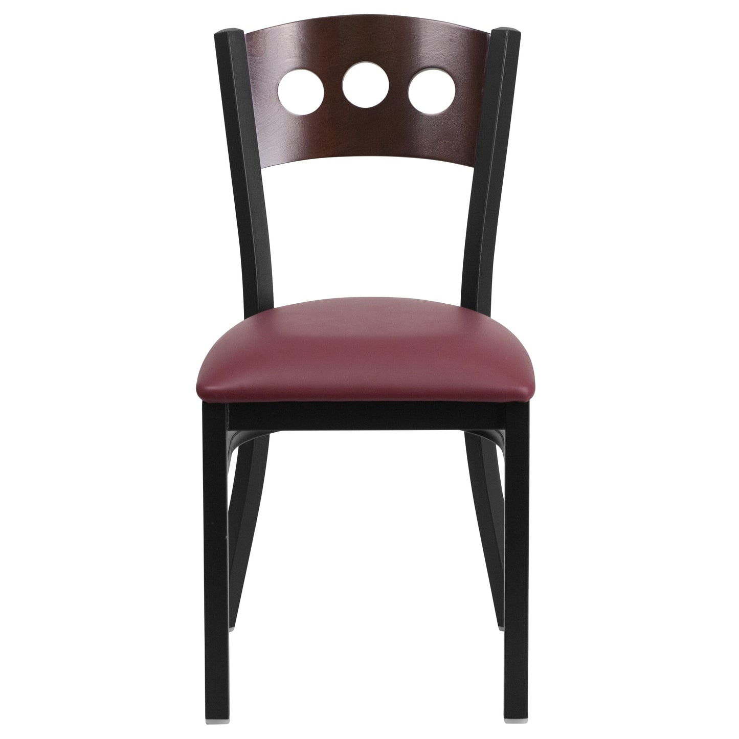 HERCULES Series Black 3 Circle Back Metal Restaurant Chair - Walnut Wood Back, Burgundy Vinyl Seat Walnut Wood Back/Burgundy Vinyl Seat/Black Metal Frame