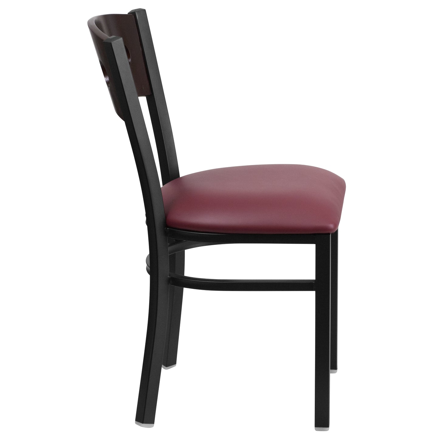 HERCULES Series Black 3 Circle Back Metal Restaurant Chair - Walnut Wood Back, Burgundy Vinyl Seat Walnut Wood Back/Burgundy Vinyl Seat/Black Metal Frame
