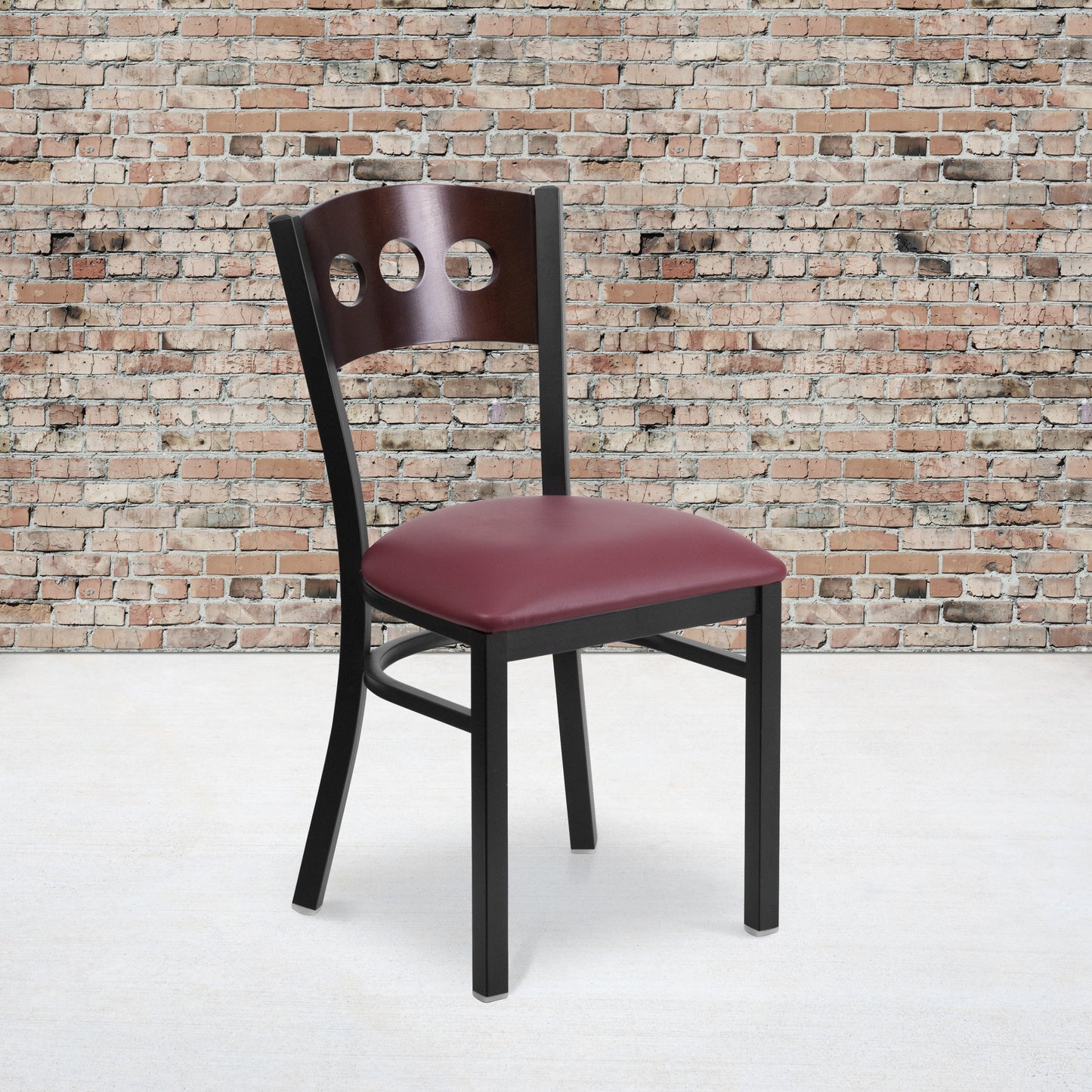HERCULES Series Black 3 Circle Back Metal Restaurant Chair - Walnut Wood Back, Burgundy Vinyl Seat Walnut Wood Back/Burgundy Vinyl Seat/Black Metal Frame