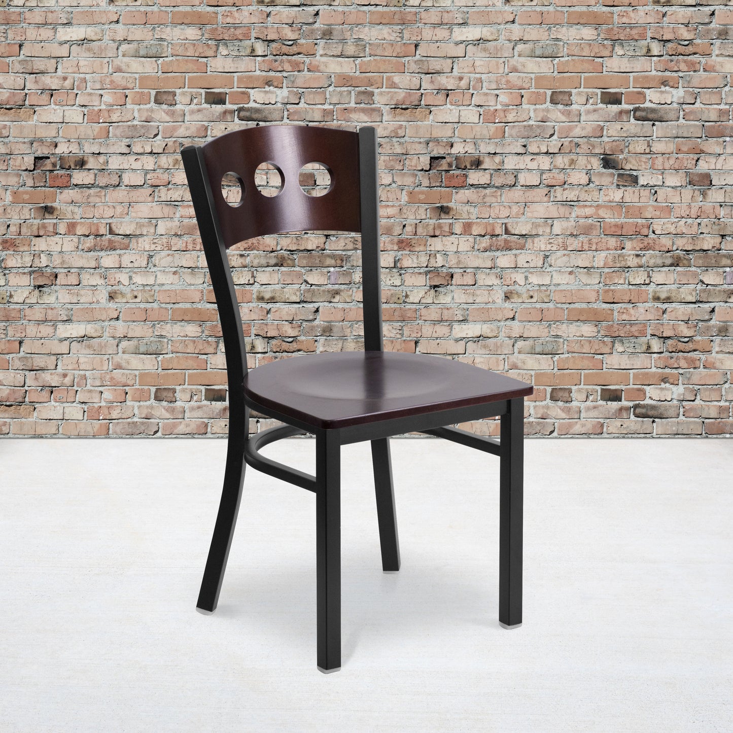 HERCULES Series Black 3 Circle Back Metal Restaurant Chair - Walnut Wood Back & Seat Walnut Wood Back/Walnut Wood Seat/Black Metal Frame