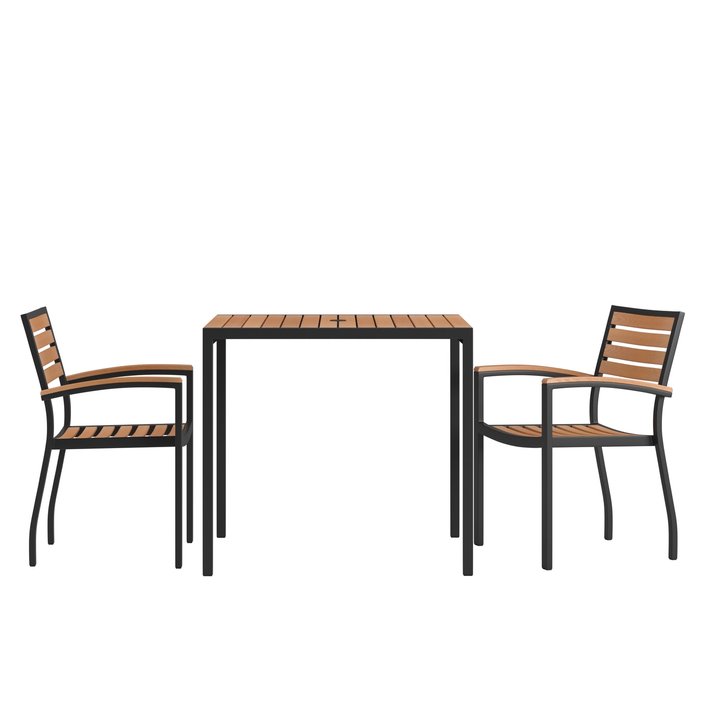 Lark 3 Piece Outdoor Dining Table Set - Synthetic Teak Poly Slats - 35" Square Steel Framed Table - Umbrella Hole - 2 Club Chairs Teak