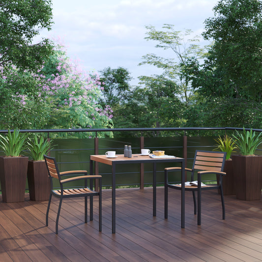 Lark 3 Piece Outdoor Dining Table Set - Synthetic Teak Poly Slats - 35" Square Steel Framed Table - Umbrella Hole - 2 Club Chairs Teak XU-DG-810060062-GG