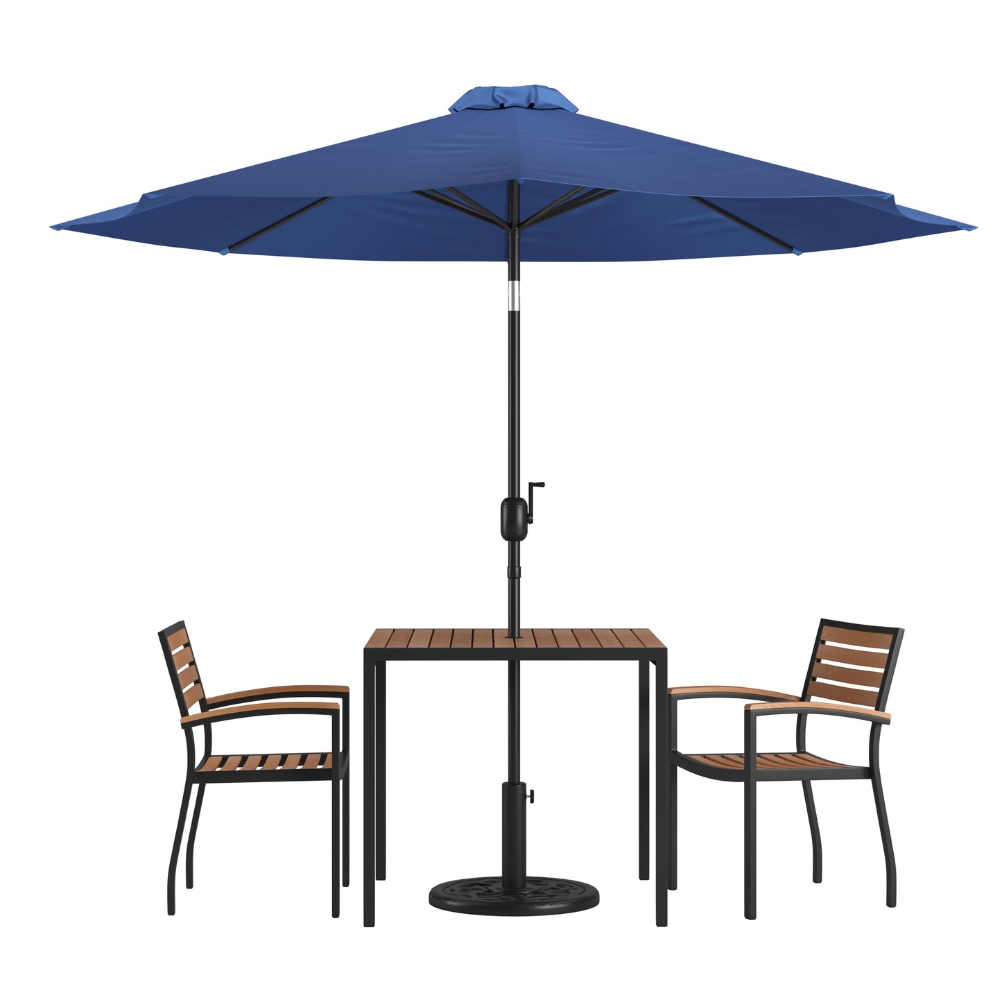 Lark 5 Piece Outdoor Patio Table Set with 2 Synthetic Teak Stackable Chairs, 35" Square Table, Navy Umbrella & Base Navy