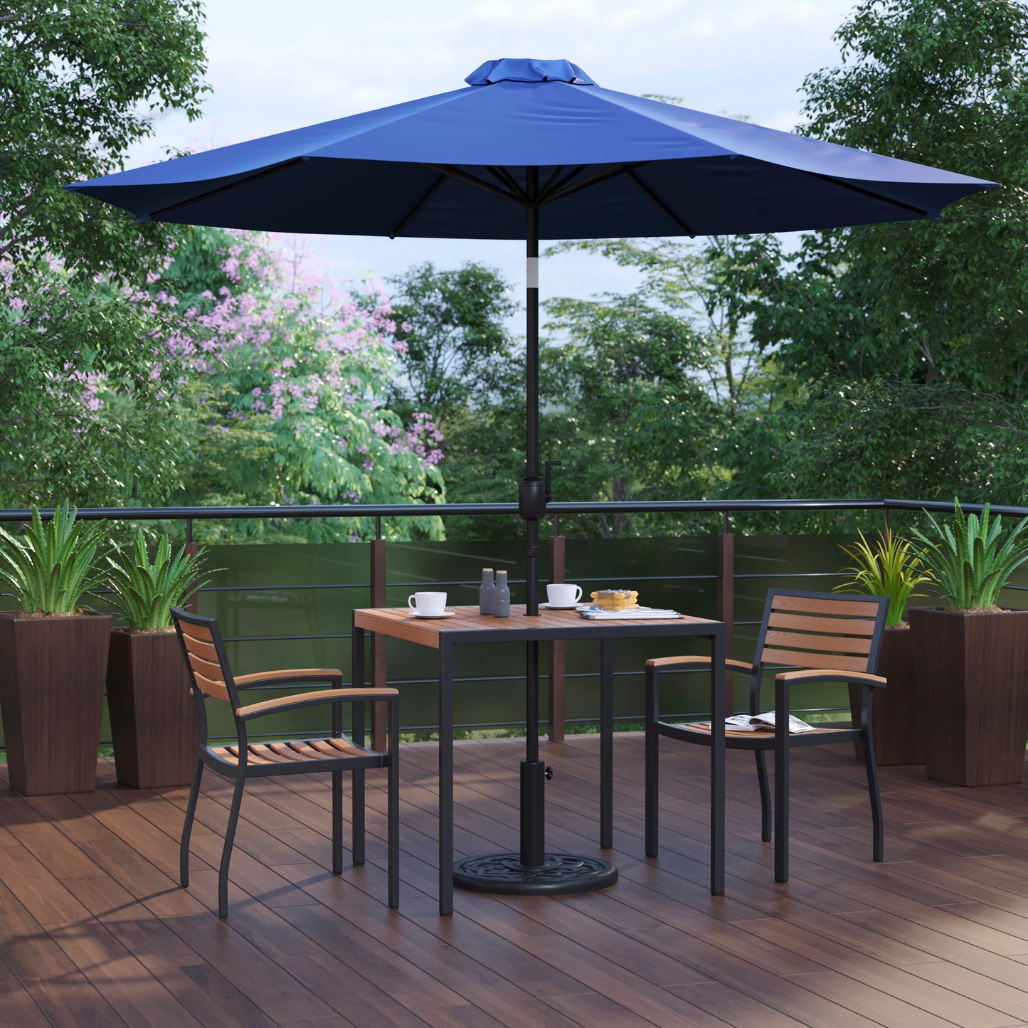 Lark 5 Piece Outdoor Patio Table Set with 2 Synthetic Teak Stackable Chairs, 35" Square Table, Navy Umbrella & Base Navy
