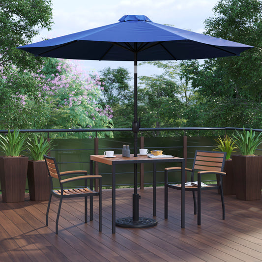 Lark 5 Piece Outdoor Patio Table Set with 2 Synthetic Teak Stackable Chairs, 35" Square Table, Navy Umbrella & Base Navy
