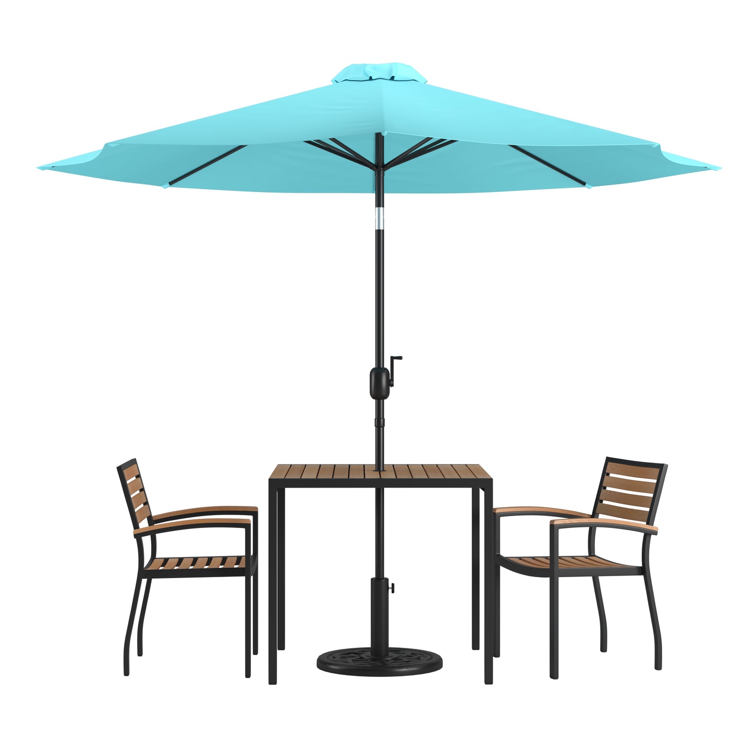 Lark 5 Piece Outdoor Patio Dining Table Set - 2 Synthetic Teak Stackable Chairs, 36" Square Table, Teal Umbrella & Base Teal