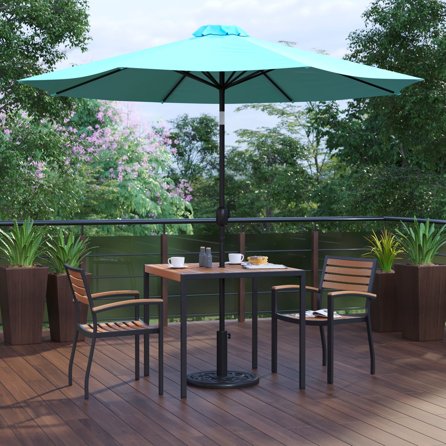 Lark 5 Piece Outdoor Patio Dining Table Set - 2 Synthetic Teak Stackable Chairs, 36" Square Table, Teal Umbrella & Base Teal