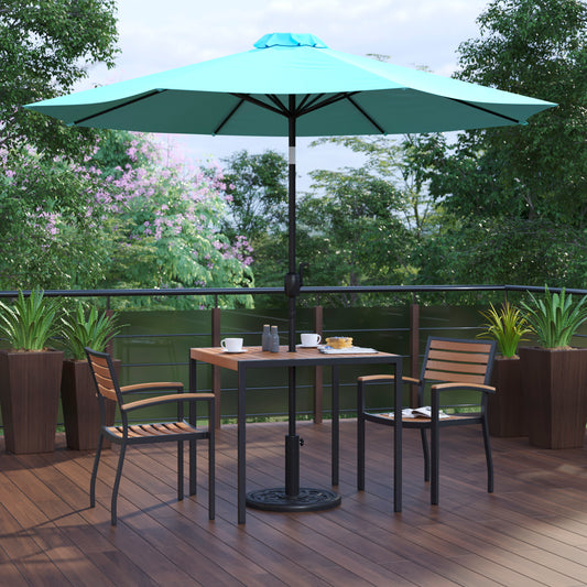 Lark 5 Piece Outdoor Patio Dining Table Set - 2 Synthetic Teak Stackable Chairs, 36" Square Table, Teal Umbrella & Base Teal XU-DG-810060062-UB19BTL-GG