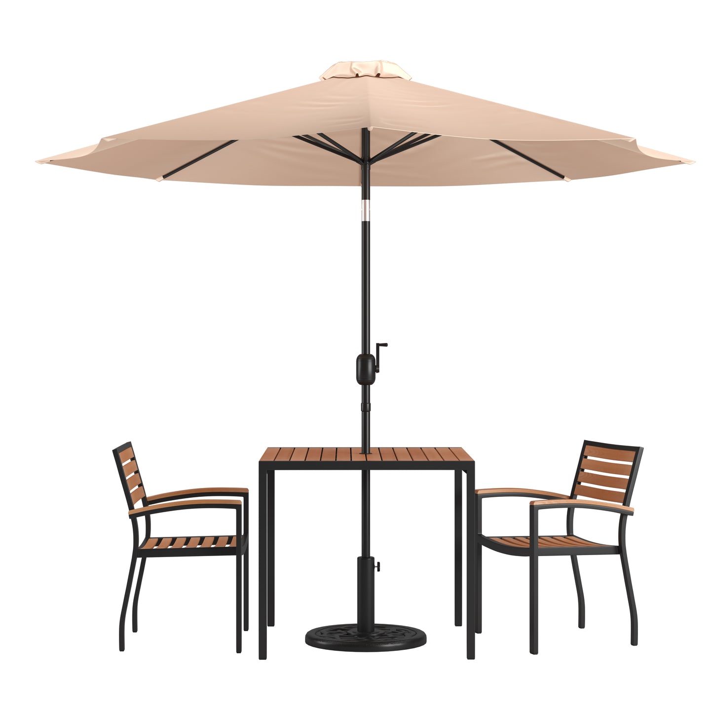 Lark 5 Piece Outdoor Patio Table Set with 2 Synthetic Teak Stackable Chairs, 35" Square Table, Tan Umbrella & Base Tan