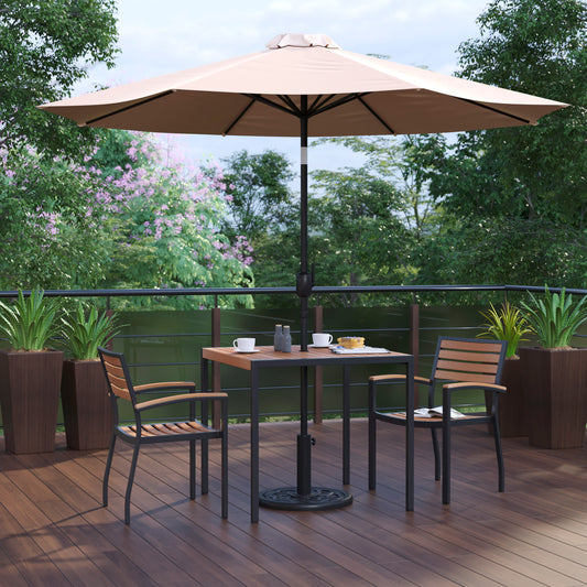 Lark 5 Piece Outdoor Patio Table Set with 2 Synthetic Teak Stackable Chairs, 35" Square Table, Tan Umbrella & Base Tan