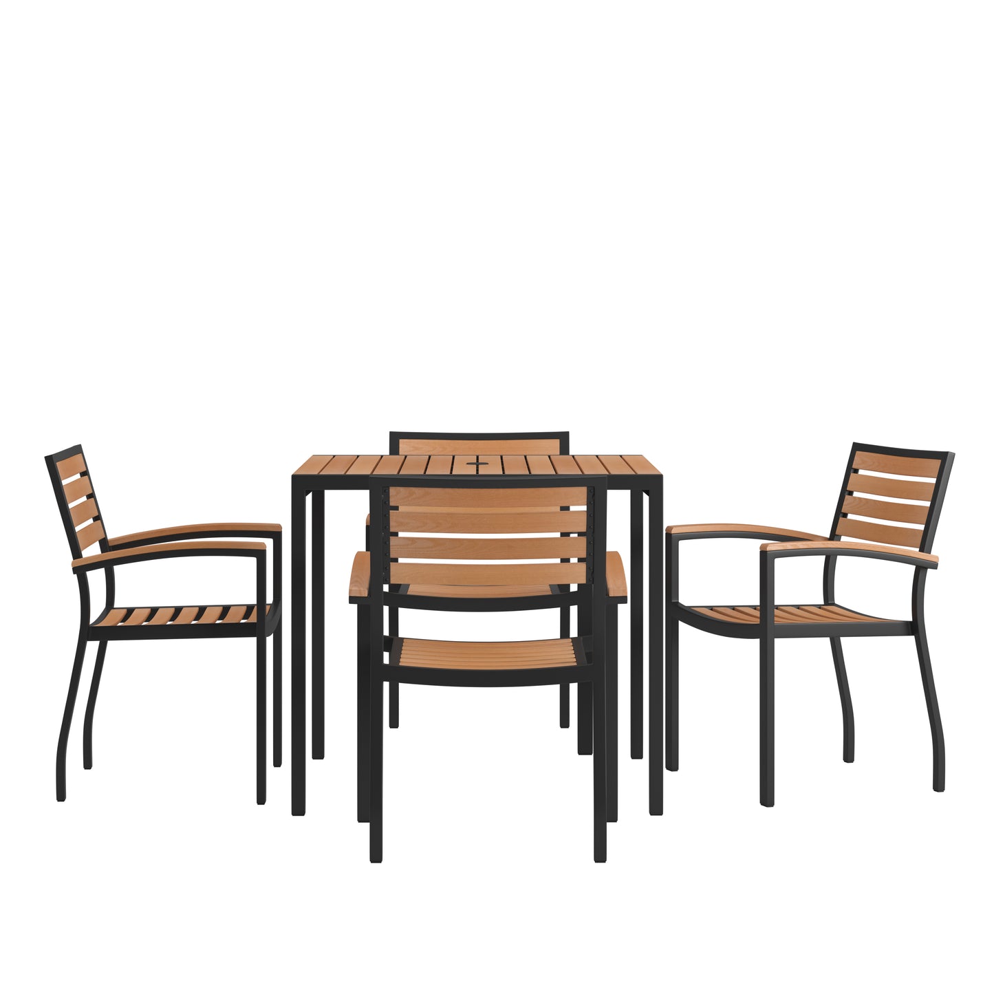 Lark 5 Piece Outdoor Dining Table Set - Synthetic Teak Poly Slats - 35" Square Steel Framed Table - Umbrella Hole - 4 Club Chairs Teak
