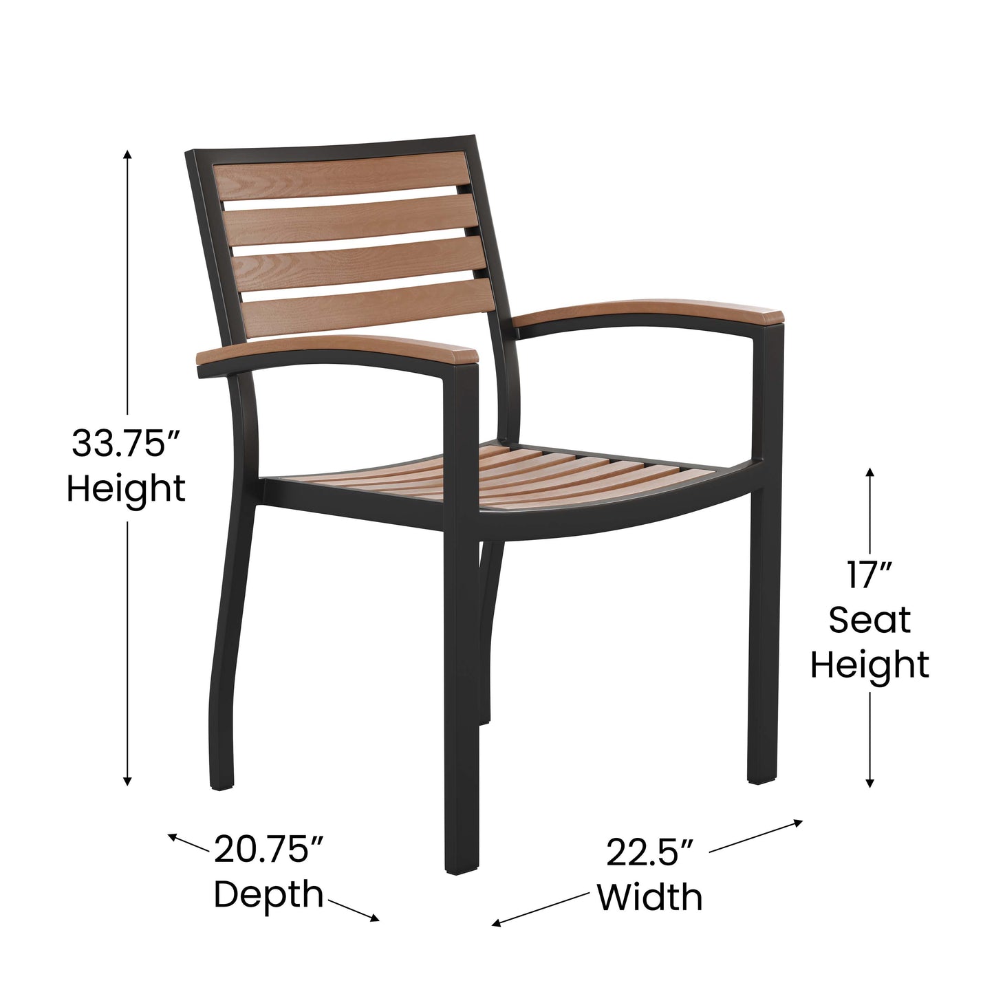 Lark 5 Piece Outdoor Dining Table Set - Synthetic Teak Poly Slats - 35" Square Steel Framed Table - Umbrella Hole - 4 Club Chairs Teak