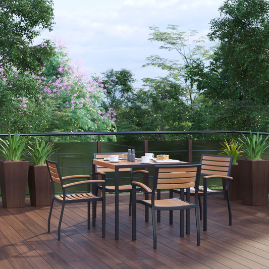 Lark 5 Piece Outdoor Dining Table Set - Synthetic Teak Poly Slats - 35" Square Steel Framed Table - Umbrella Hole - 4 Club Chairs Teak XU-DG-810060064-GG