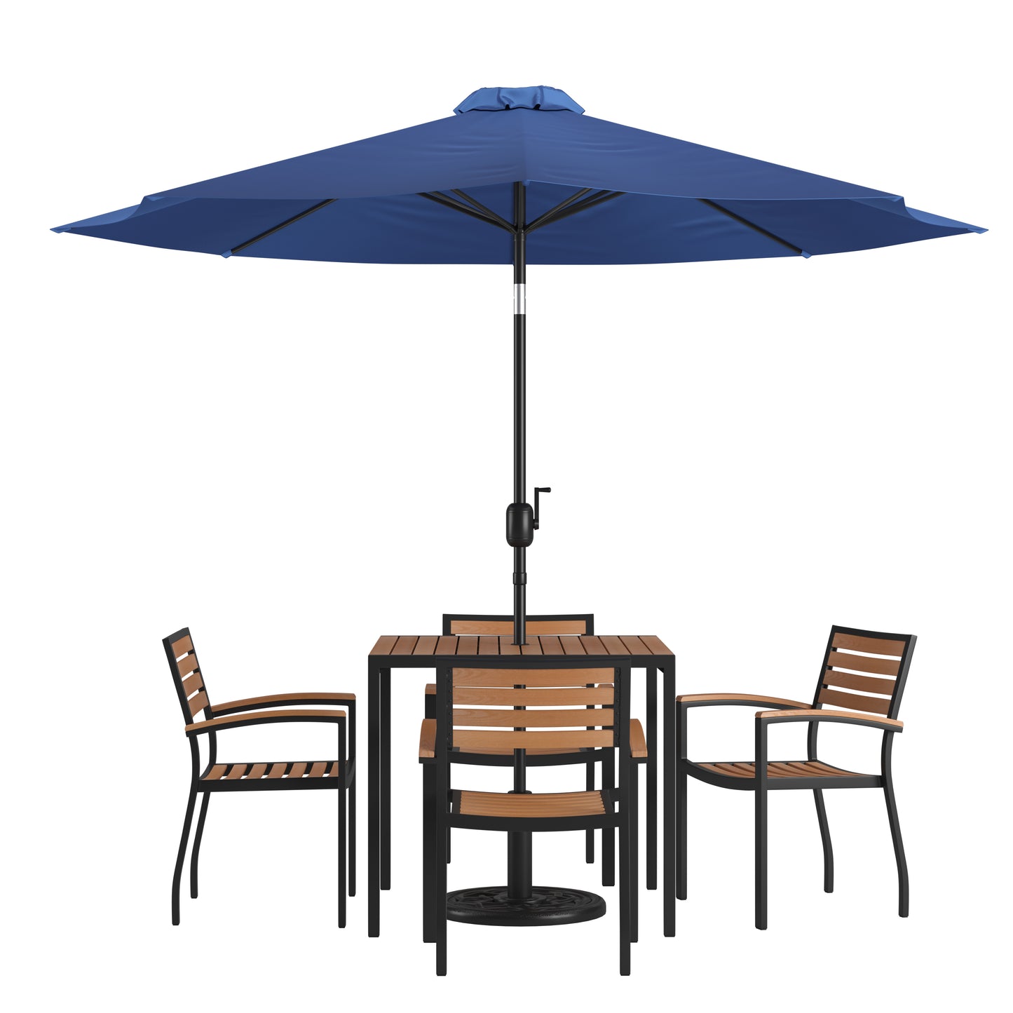 Lark 7 Piece Outdoor Patio Table Set with 4 Synthetic Teak Stackable Chairs, 35" Square Table, Navy Umbrella & Base Navy