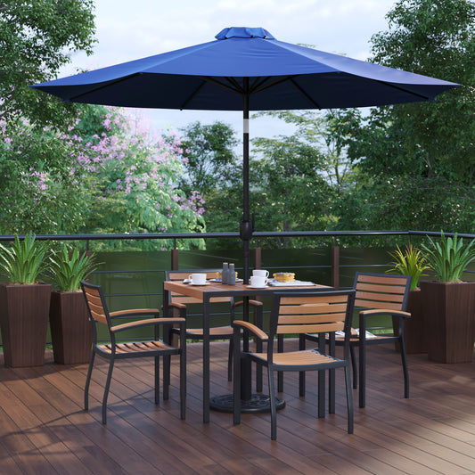 Lark 7 Piece Outdoor Patio Table Set with 4 Synthetic Teak Stackable Chairs, 35" Square Table, Navy Umbrella & Base Navy