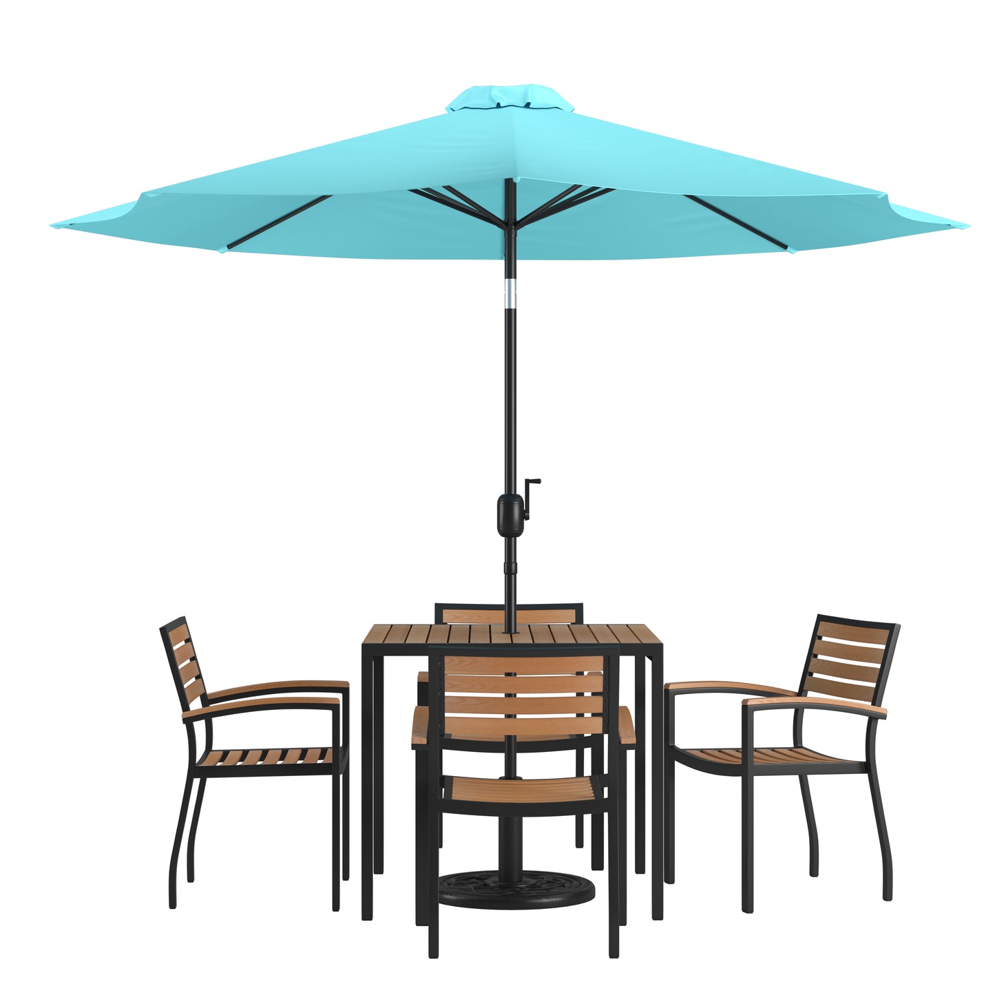 Lark 7 Piece Outdoor Patio Dining Table Set - 4 Synthetic Teak Stackable Chairs, 35" Square Table, Teal Umbrella & Base Teal