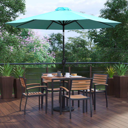 Lark 7 Piece Outdoor Patio Dining Table Set - 4 Synthetic Teak Stackable Chairs, 35" Square Table, Teal Umbrella & Base Teal XU-DG-810060064-UB19BTL-GG