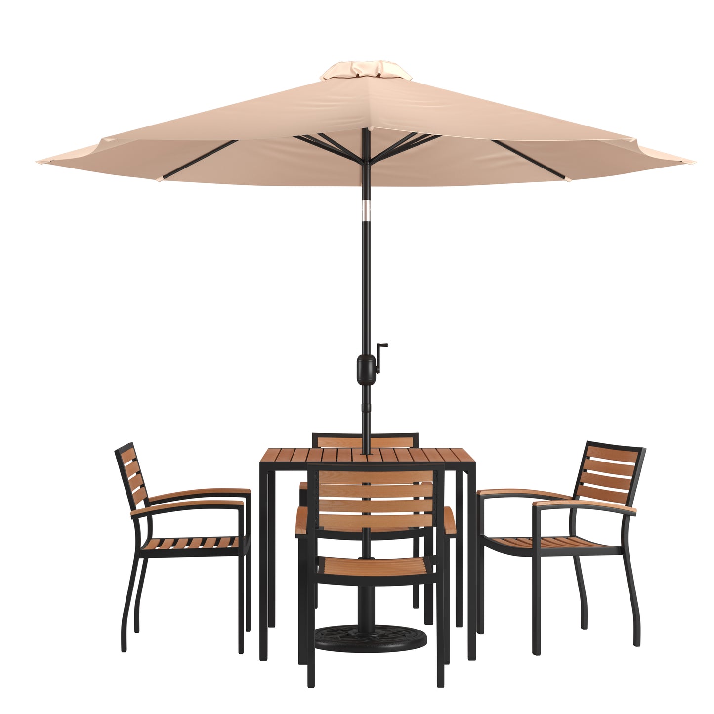 Lark 7 Piece Outdoor Patio Table Set with 4 Synthetic Teak Stackable Chairs, 35" Square Table, Tan Umbrella & Base Tan