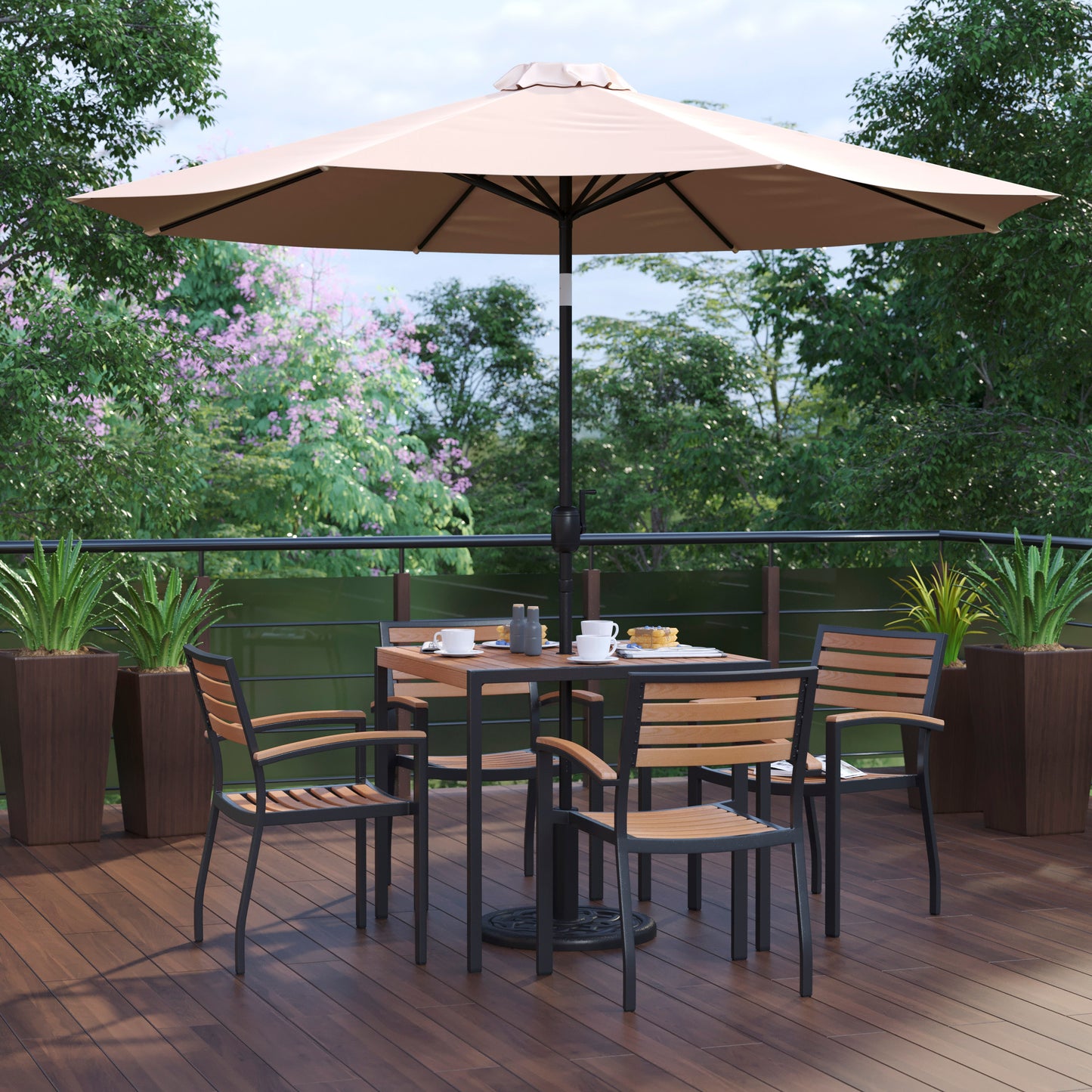 Lark 7 Piece Outdoor Patio Table Set with 4 Synthetic Teak Stackable Chairs, 35" Square Table, Tan Umbrella & Base Tan