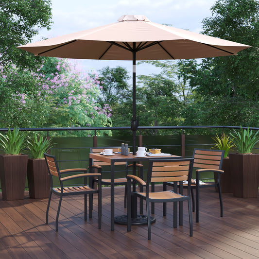 Lark 7 Piece Outdoor Patio Table Set with 4 Synthetic Teak Stackable Chairs, 35" Square Table, Tan Umbrella & Base Tan