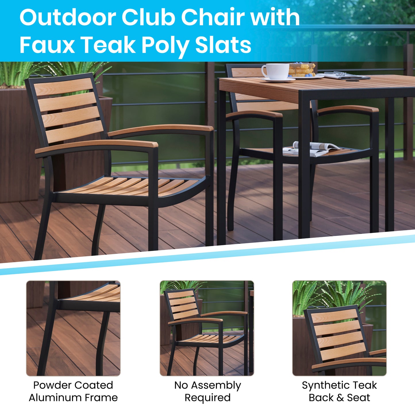 Lark 7 Piece Outdoor Patio Table Set with 4 Synthetic Teak Stackable Chairs, 35" Square Table, Tan Umbrella & Base Tan