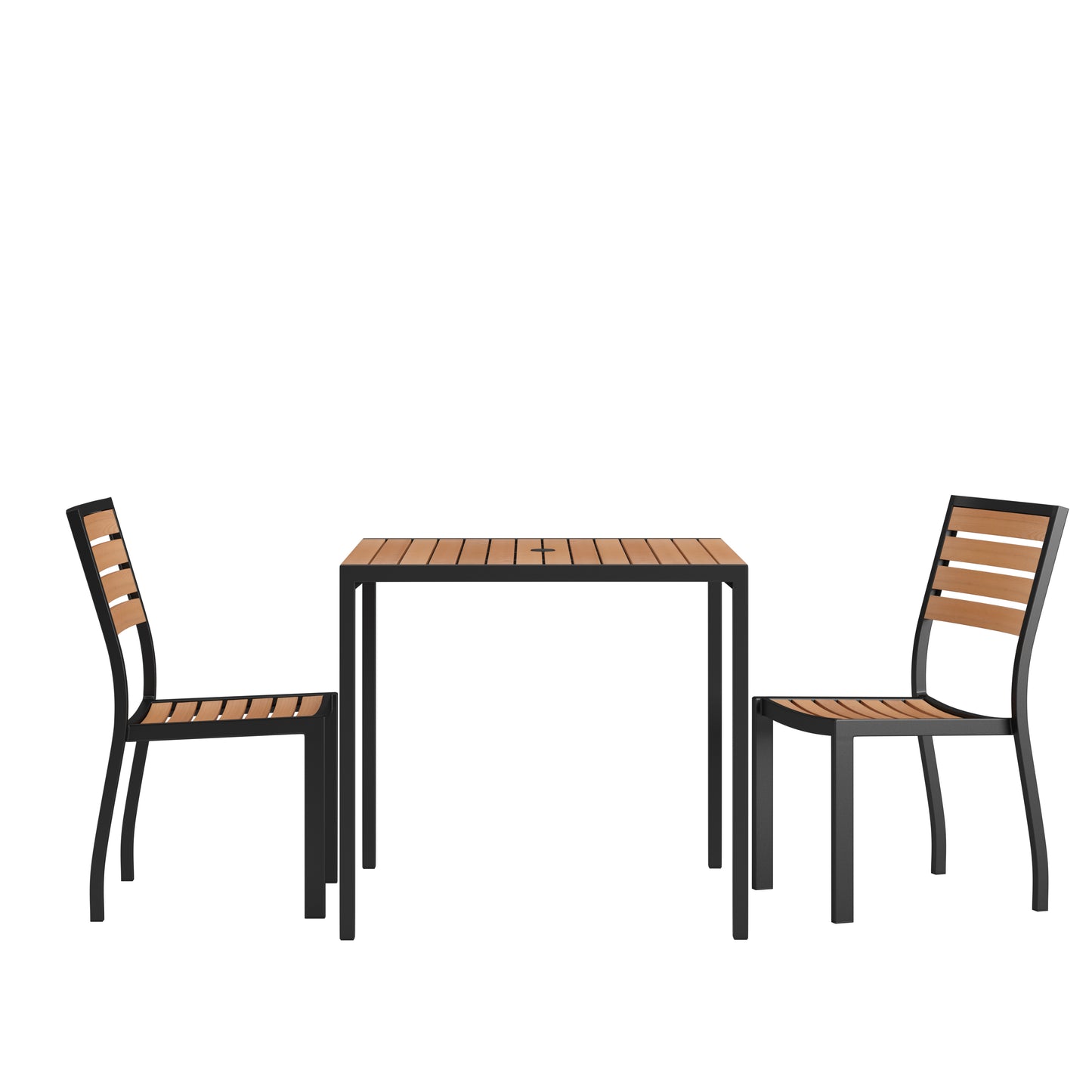 Lark 3 Piece Patio Table Set - Synthetic Teak Poly Slats - 35" Square Steel Framed Table with 2 Stackable Faux Teak Chairs Teak