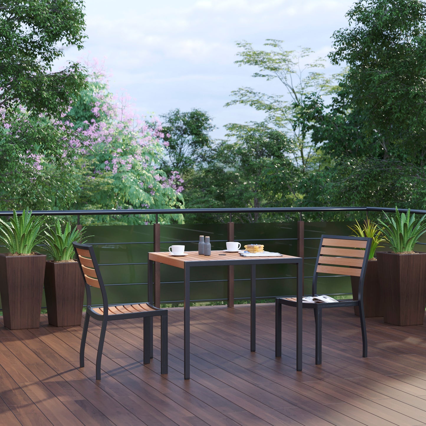 Lark 3 Piece Patio Table Set - Synthetic Teak Poly Slats - 35" Square Steel Framed Table with 2 Stackable Faux Teak Chairs Teak