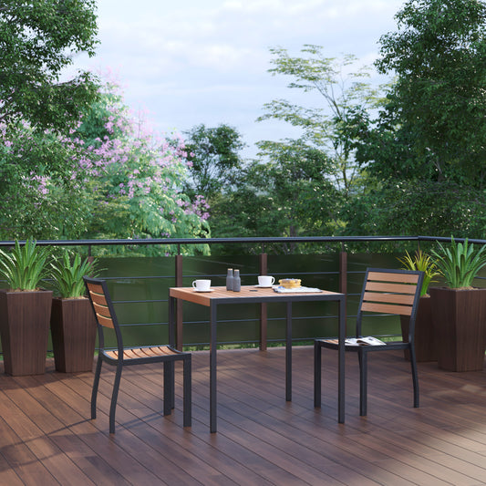 Lark 3 Piece Patio Table Set - Synthetic Teak Poly Slats - 35" Square Steel Framed Table with 2 Stackable Faux Teak Chairs Teak