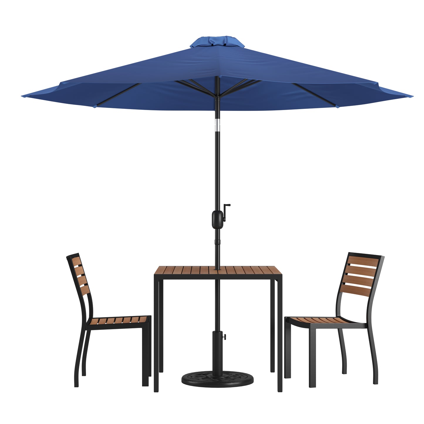 Lark 5 Piece All-Weather Deck or Patio Set-2 Stacking Faux Teak Chairs, 35" Square Faux Teak Table, Navy Umbrella & Base Navy XU-DG-810060362-UB19BNV-GG