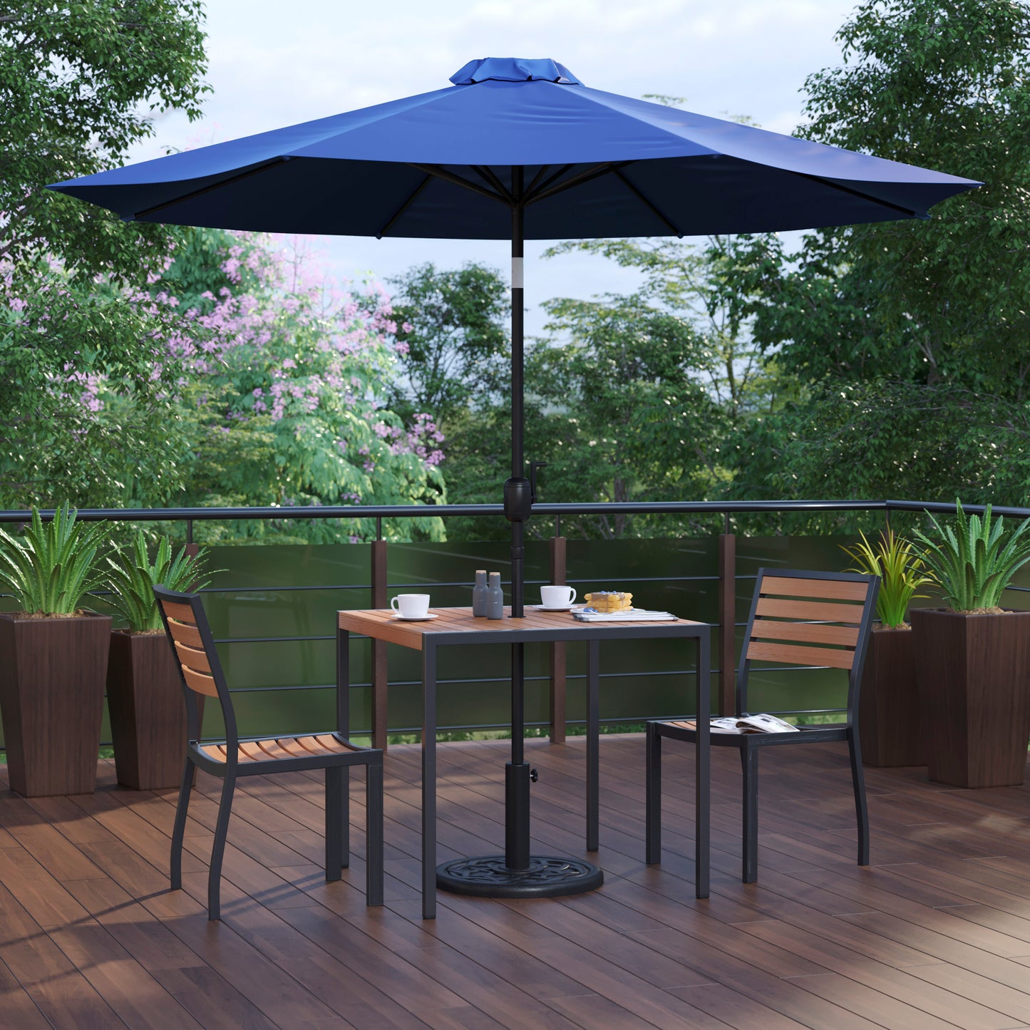 Lark 5 Piece All-Weather Deck or Patio Set-2 Stacking Faux Teak Chairs, 35" Square Faux Teak Table, Navy Umbrella & Base Navy XU-DG-810060362-UB19BNV-GG