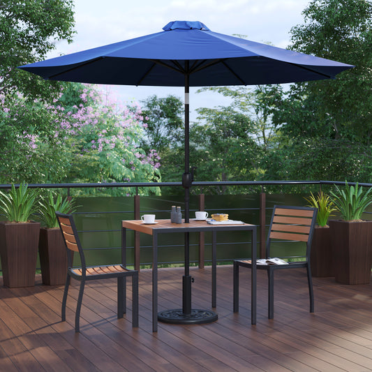 Lark 5 Piece All-Weather Deck or Patio Set-2 Stacking Faux Teak Chairs, 35" Square Faux Teak Table, Navy Umbrella & Base Navy