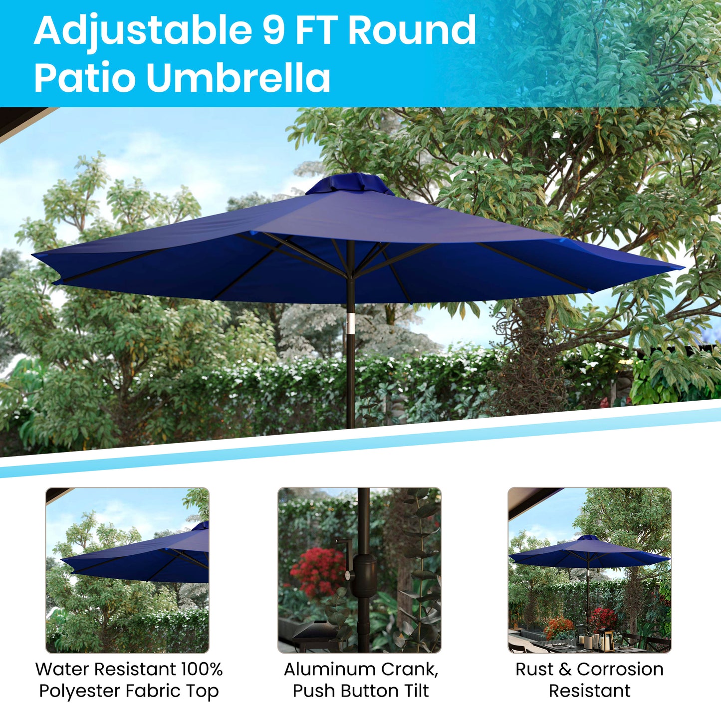 Lark 5 Piece All-Weather Deck or Patio Set-2 Stacking Faux Teak Chairs, 35" Square Faux Teak Table, Navy Umbrella & Base Navy XU-DG-810060362-UB19BNV-GG