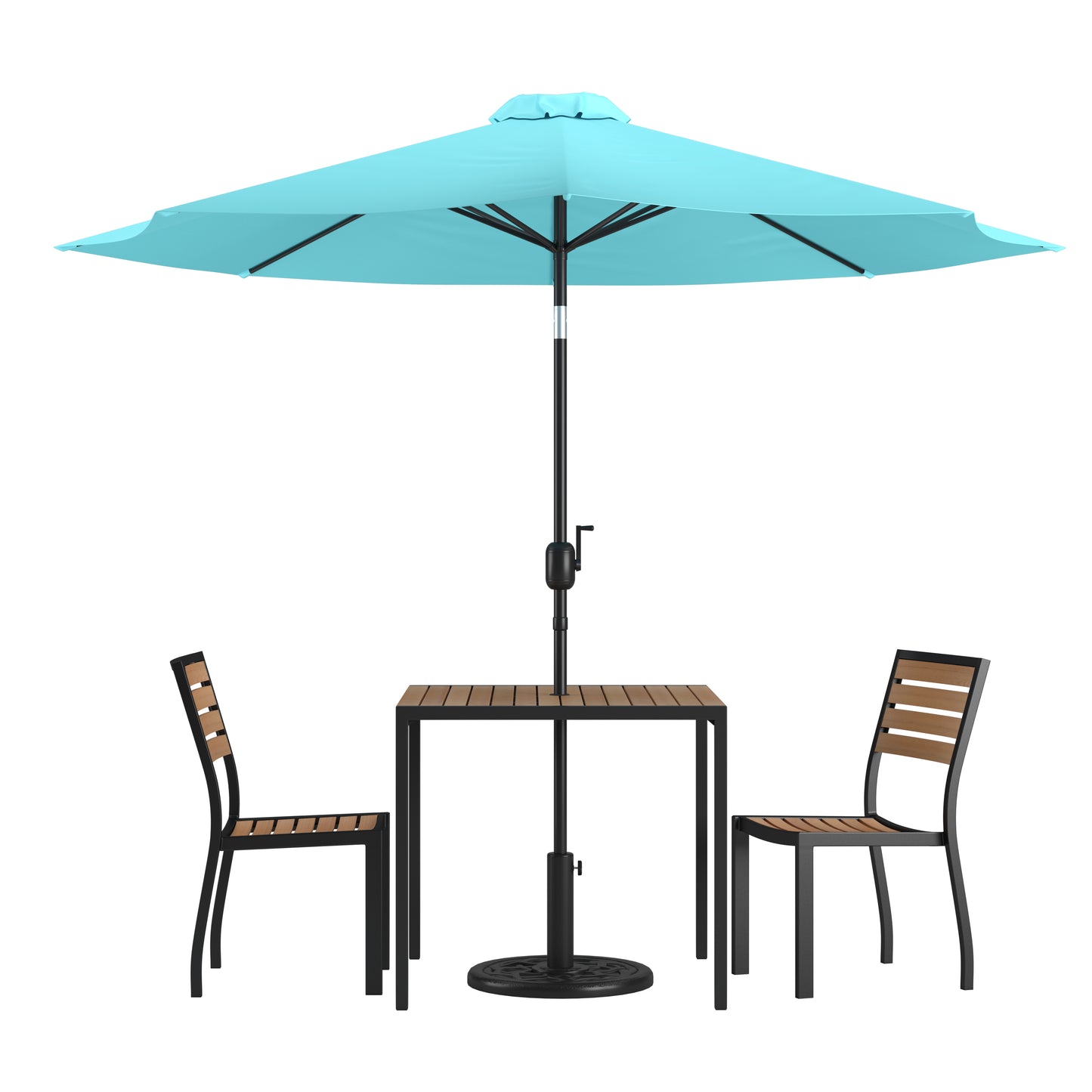 Lark 5 Piece All-Weather Deck or Patio Set-2 Stacking Faux Teak Chairs, 35" Square Faux Teak Table, Teal Umbrella & Base Teal XU-DG-810060362-UB19BTL-GG