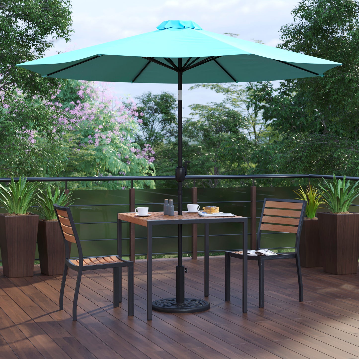 Lark 5 Piece All-Weather Deck or Patio Set-2 Stacking Faux Teak Chairs, 35" Square Faux Teak Table, Teal Umbrella & Base Teal XU-DG-810060362-UB19BTL-GG