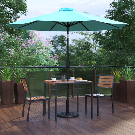 Lark 5 Piece All-Weather Deck or Patio Set-2 Stacking Faux Teak Chairs, 35" Square Faux Teak Table, Teal Umbrella & Base Teal