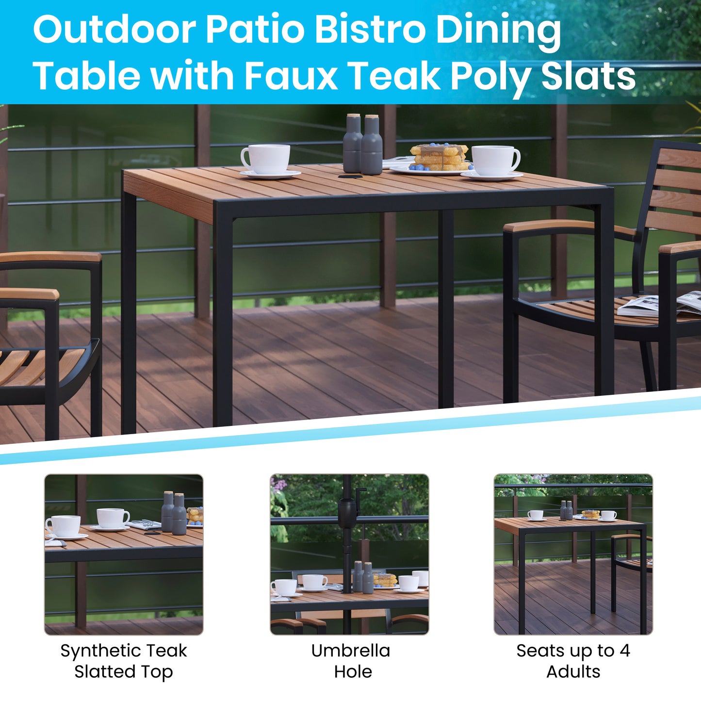 Lark 5 Piece All-Weather Deck or Patio Set-2 Stacking Faux Teak Chairs, 35" Square Faux Teak Table, Teal Umbrella & Base Teal XU-DG-810060362-UB19BTL-GG
