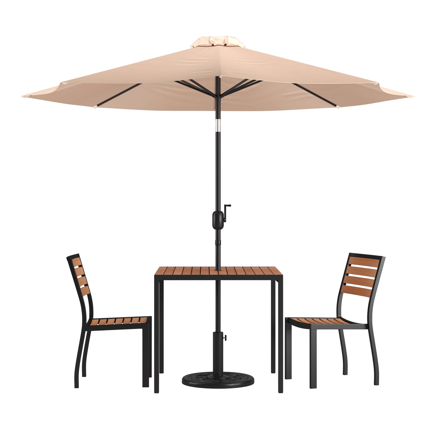 Lark 5 Piece All-Weather Deck or Patio Set - 2 Stacking Faux Teak Chairs, 35" Square Faux Teak Table, Tan Umbrella & Base Tan XU-DG-810060362-UB19BTN-GG